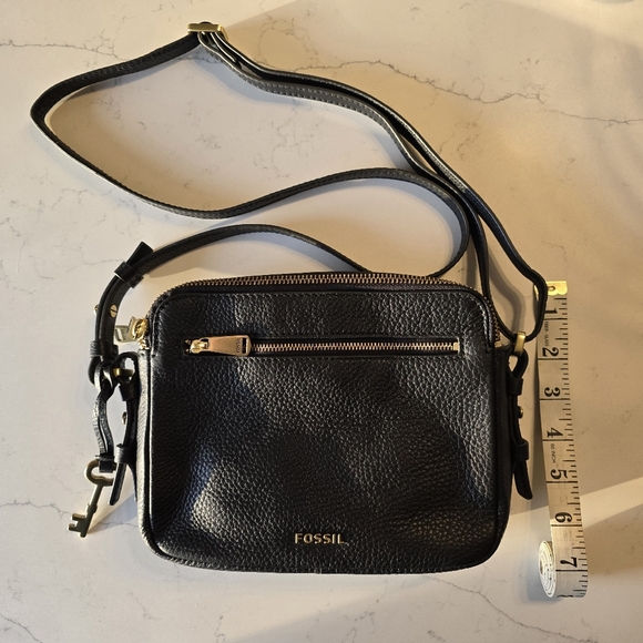 Fossil Black Pebbled Leather Crossbody Bag • Double Zip Camera Style • Gold Hard - Picture 5 of 10